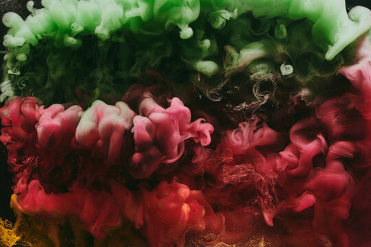 Abstract red green background. Moving smoke flow, fluid liquid art