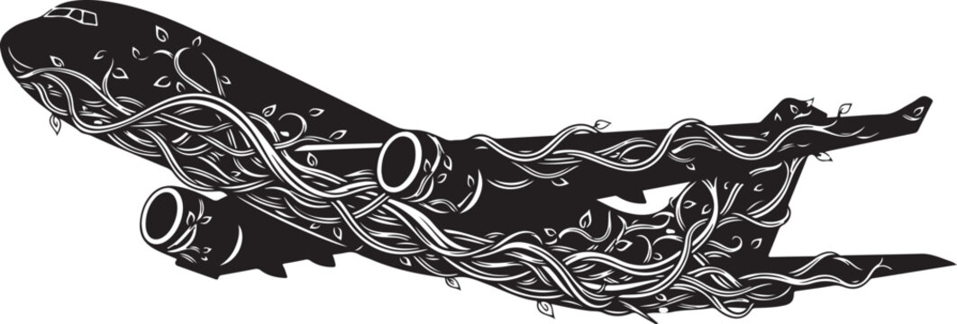 Black airplane entangled with white vines and leaves