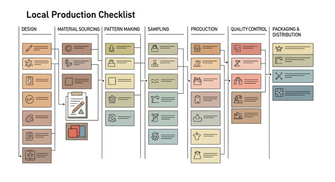 Local Production Checklist Infographic Illustrating Textile and Fashion Manufacturing Workflow and Supply Chain Stages