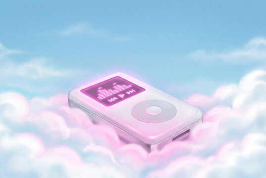 Retro music player with glowing screen in pink clouds and blue sky