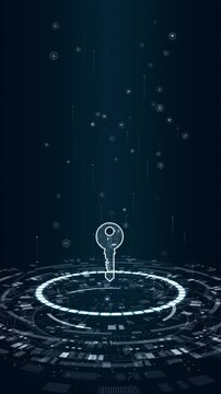 Motion graphic of vertical cybersecurity access control with a digital key over a futuristic data security interface, designed for network protection and tech video backgrounds.