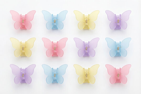 Colorful butterfly hair clips arranged neatly on a white background