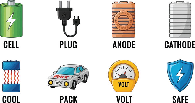Collection of battery and energy icons including cell plug anode cathode pack volt meter and safe shield symbols for electrical concepts isolated on white