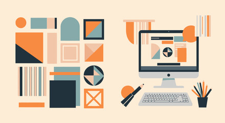 Fototapeta premium Minimalist Graphic Design Workspace Illustration featuring Bauhaus Style Geometric Patterns and Desktop Computer