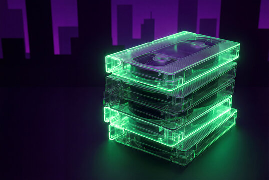 Stack of glowing VHS tapes with translucent plastic cases against purple skyline