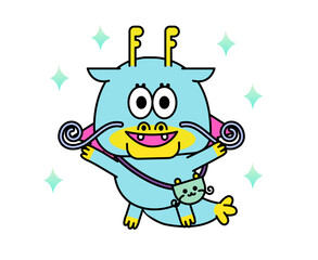 Fototapeta premium 笑顔で喜ぶドラゴン風キャラクター・成功やポジティブを表現したポップなイラスト