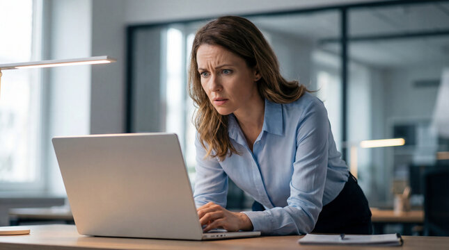 Stressed businesswoman working on laptop, worried female employee looking at computer screen, corporate burnout