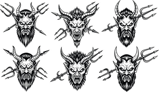Demonic devil face illustrations, horned monster silhouettes with tridents, fantasy horror vector artwork, dark mythology design elements, flat vector illustration