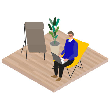 ラウンジチェアでノートパソコン作業をする男性のアイソメトリックイラスト