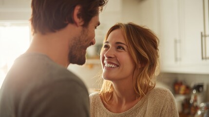 Fototapeta premium Couple Shares Laughter While Packing Dishes in a Bright Kitchen During a Home Move in Warm Natural Light