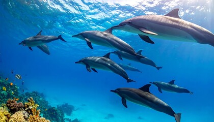 Obraz premium A breathtaking underwater spectacle of a lively dolphin pod swimming gracefully above a vibrant coral reef, illuminated by brilliant sunlight filtering through the ocean surface