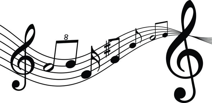 Flat vector illustration musical staff design, treble clef notes, wave pattern, music education symbol, composition graphic art