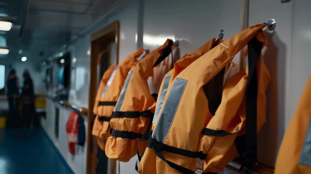Orange safety vests hanging on a wall inside a ship corridor