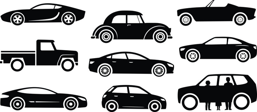 Black silhouette vehicle icons set featuring sports car, classic car, convertible, pickup truck, sedan, compact car, and SUV for automotive design, transport illustration, and car industry concepts.