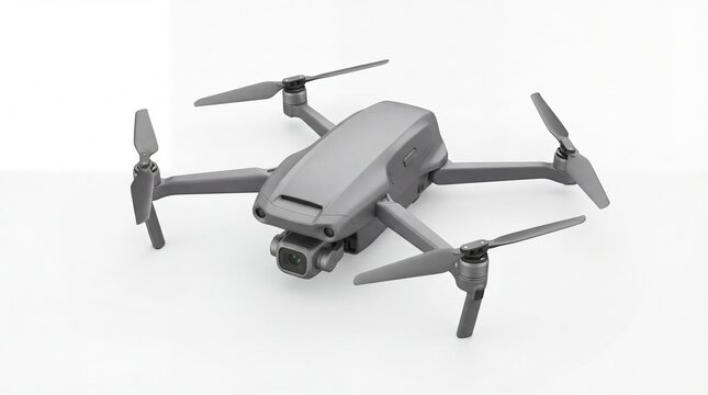 Modern compact gray drone with camera isolated on clean background for aerial photography and technology concept