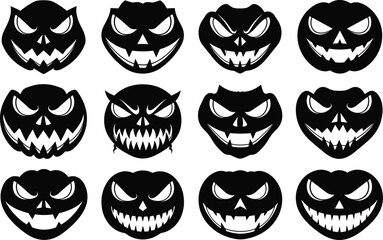 Obraz premium Halloween jack-o'-lantern faces collection, spooky pumpkin carving stencil designs, scary vector illustration, creepy black and white flat vector illustration