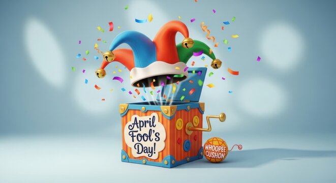 Colorful Jack-in-the-box theme Funny Jester hat design Playful April Fools Day theme Festive Confetti explosion design Humorous Prank box theme Whimsical Surprise toy Wallpaper Background image