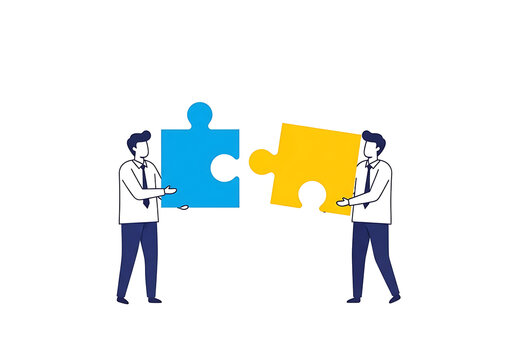 Two businessmen holding blue and yellow puzzle pieces working together on a project