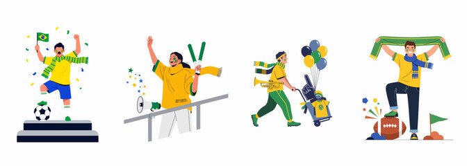 Set of enthusiastic sports fans celebrating with flags, scarves, and cheering equipment in Brazilian national team colors of yellow and green. © Payandu
