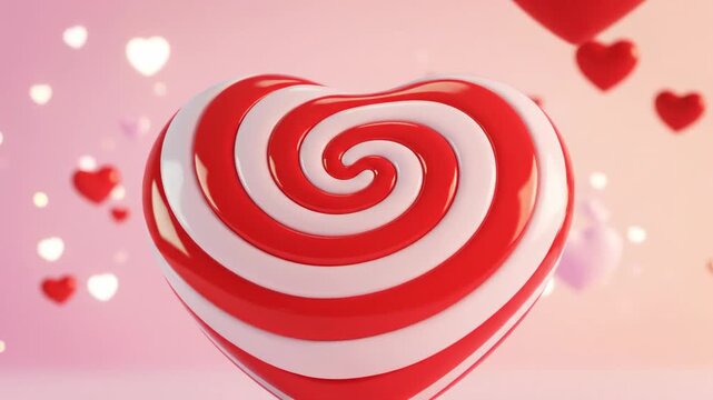 Heart shaped candy background with red and white swirls for valentines day celebration and love themed projects