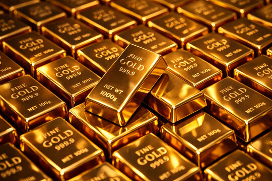 stacked gold bars shining in warm light, wealth and investment concept, precious metal reserves, financial security, luxury assets, bullion storage, macro close up, global economy, safe haven