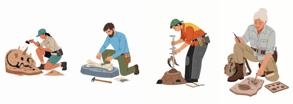 Set of diverse paleontologists and archaeologists excavating dinosaur fossils and prehistoric remains using specialized tools on a white background.