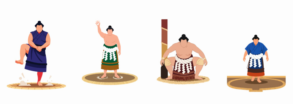 Set of flat vector illustrations depicting traditional Japanese sumo wrestlers in various ceremonial and ritual poses on the dohyo ring.