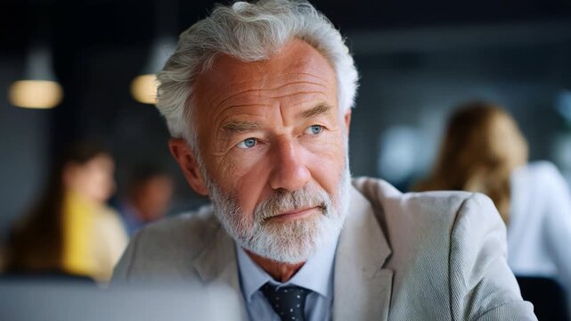 Thoughtful elderly man in business attire gazes thoughtfully while seated at a desk in a modern office environment, conveying wisdom and experience in his expression.
