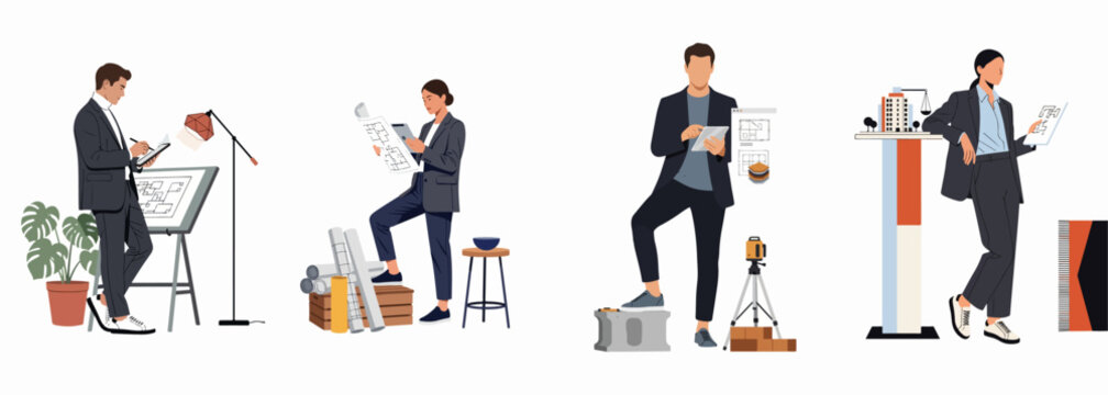 Professional male and female architects and engineers analyzing floor plans and blueprints with digital tablets for construction and urban development projects.