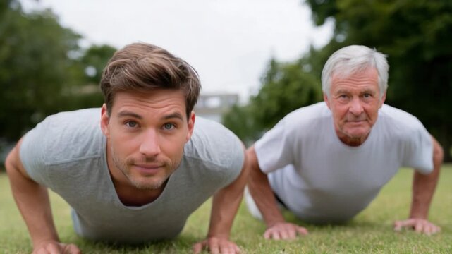Bonding in Motion: A younger man and an older man engage in push-ups on vibrant green grass, a poignant portrayal of generational connection, well-being, and shared activity.