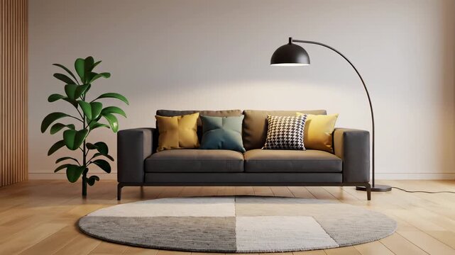 Modern living room interior design with gray sofa yellow pillows and stylish floor lamp showing home decor and plant
