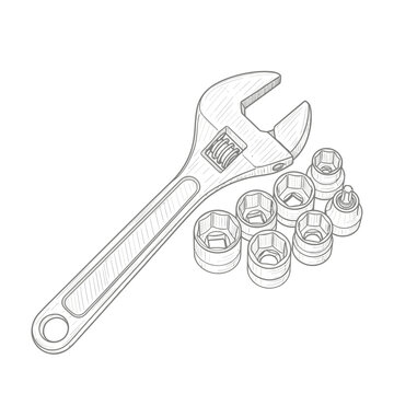 Line art drawing of an adjustable wrench and a collection of various sized socket wrenches.