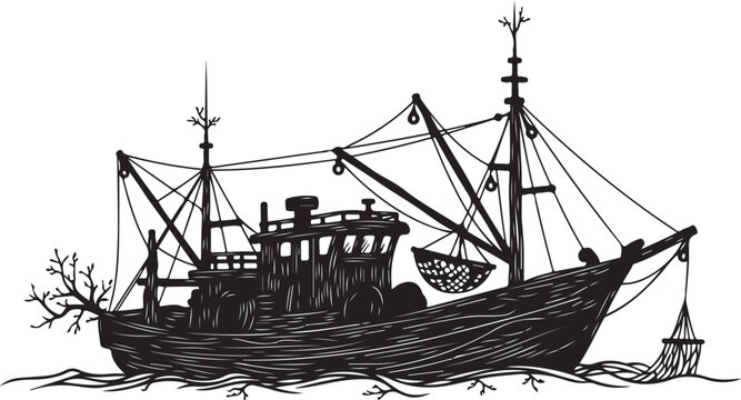 Black silhouette of a fishing boat with nets and trawl on water