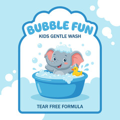 Naklejka premium This delightful image features a small elephant splashing happily in a bubble bath, representing fun, innocence, and the joy of bath time for young children and parents alike.