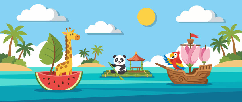 A whimsical illustration depicting a vibrant jungle scene with playful animals and lush greenery, evoking a sense of adventure and imagination for children's art and decor.