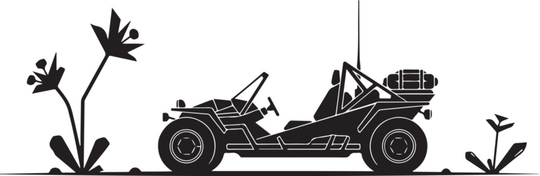 Black silhouette of a jeep with luggage on back and plants