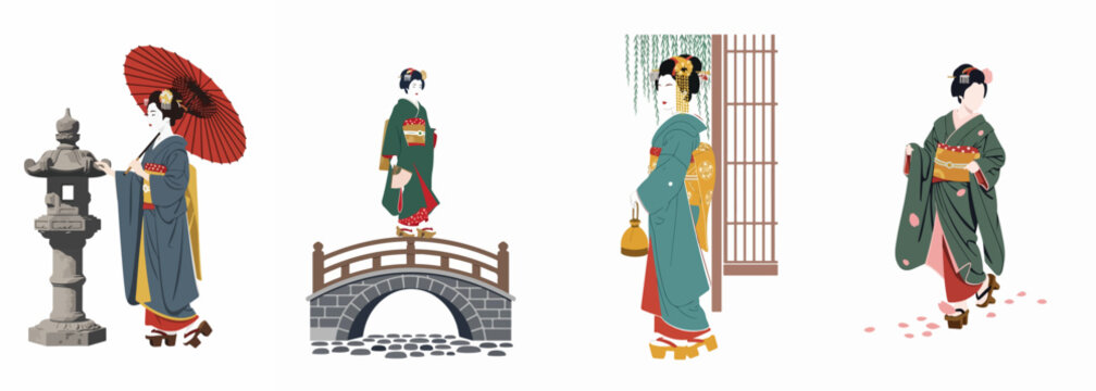 Elegant collection of four Japanese geisha and maiko vector illustrations featuring traditional kimono, paper umbrella, stone bridge, and cherry blossom petals on white background.
