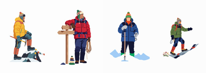 Collection of mountain climbers and hikers in colorful winter gear and professional equipment, isolated on a white background for adventure and travel themes. © Payandu