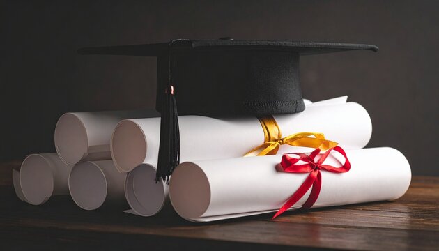 A Stack of Diploma Certificates with Graduation Caps, a Concept of Various Achievements, Academic Success, and a Collection of Historical Milestones in a Neat Composition