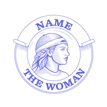 Woman coin. Vintage engraved woman logo with circle frame. The Girl in the cap.  Side view Classic etching style female profile emblem design. Retro badge illustration