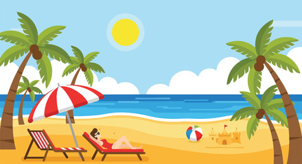 Obraz premium A vibrant illustration shows a beach scene with sunbathers