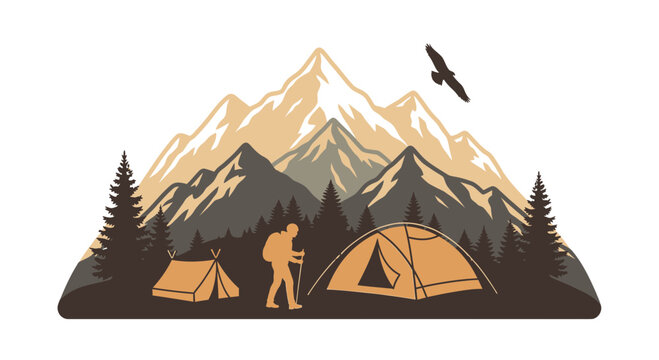 Mountain landscape illustration featuring hiker tents trees and soaring eagle