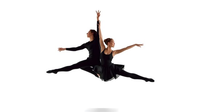 A male and female ballet dancer perform a dramatic leap in mid-air against a white background