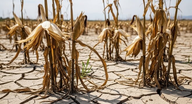 Drought devastates cornfield with cracked earth and withered crops under a hazy sky