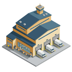 An isometric illustration of a stylish warehouse with delivery trucks, representing an efficient logistics hub essential for modern supply chain management and distribution.
