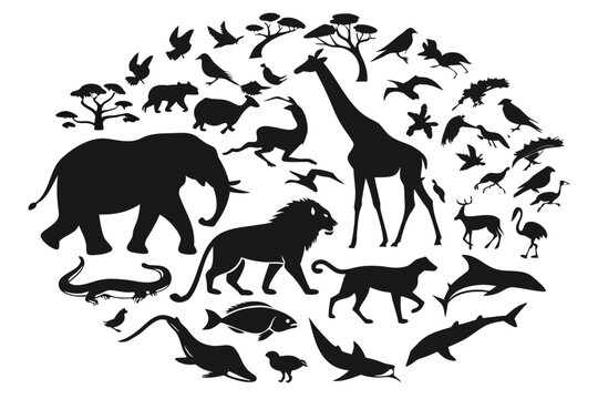 African animals silhouettes: elephant, lion, giraffe, dolphi