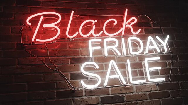 Black Friday Sale Neon Sign on Brick Wall.