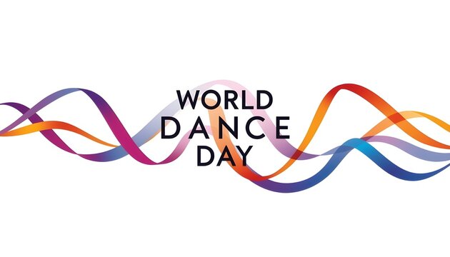 A colorful graphic design celebrating World Dance Day with vibrant ribbons and bold text on a white background
