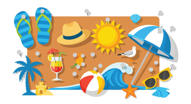 A vibrant summer scene, showcasing beach elements on sand background