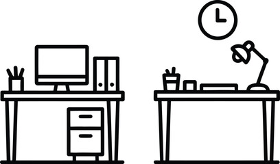 Fototapeta premium Comparison of two different office workstations with computer and desk setups